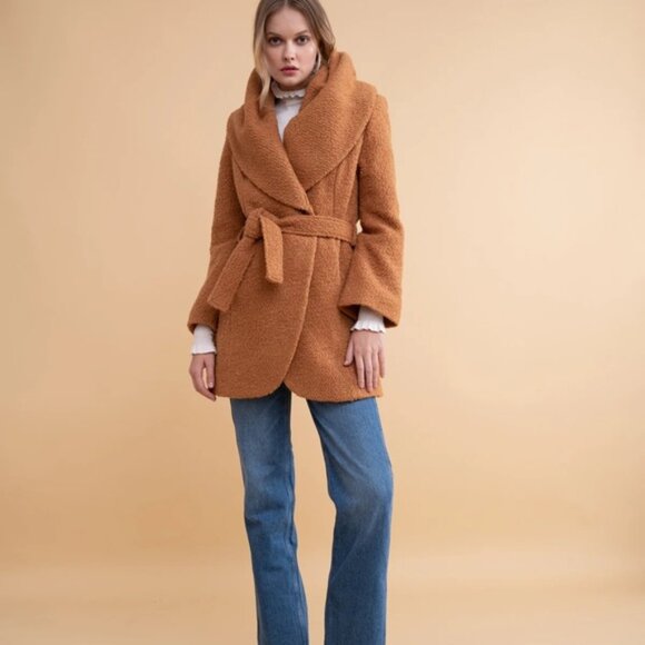 Rachel Parcell Wool Blend Bouclé Wrap Coat in Almond - size small - Picture 2 of 10